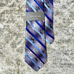 Van Heusen Extra Long Purple & Blue Paisley Stripe Silk Tie – 100% Silk
